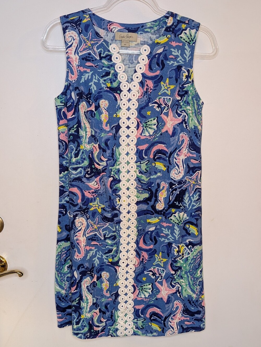 Charlie Paige Blue Multicolor Shift Dress Seahorse Starfish Fish Ocean Print